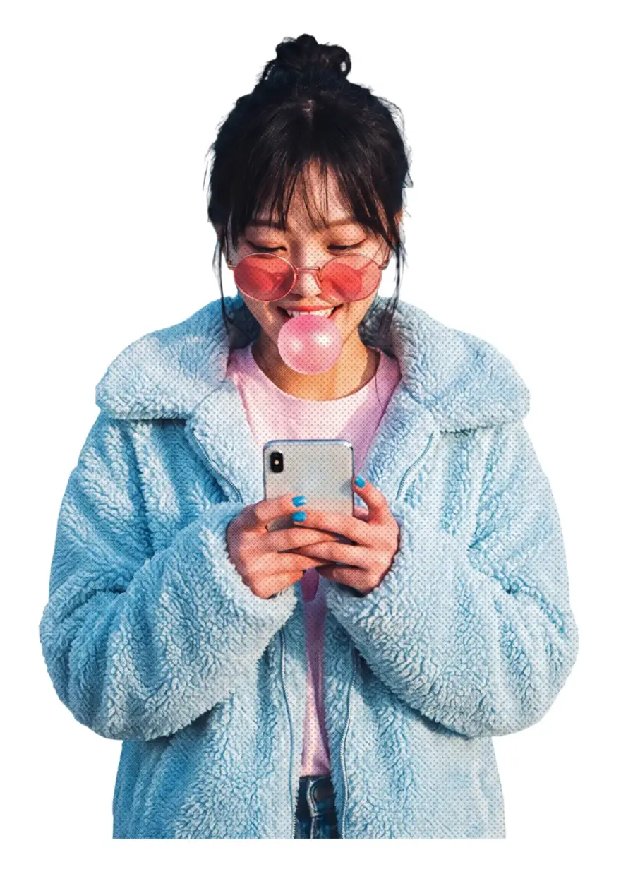 Retrato ilustrado de una creadora con su teléfono y una bomba de chicle